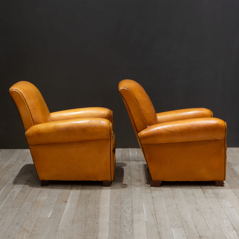 Pair of French Slopeback Light Caramel Leather Club Chairs c.1930
