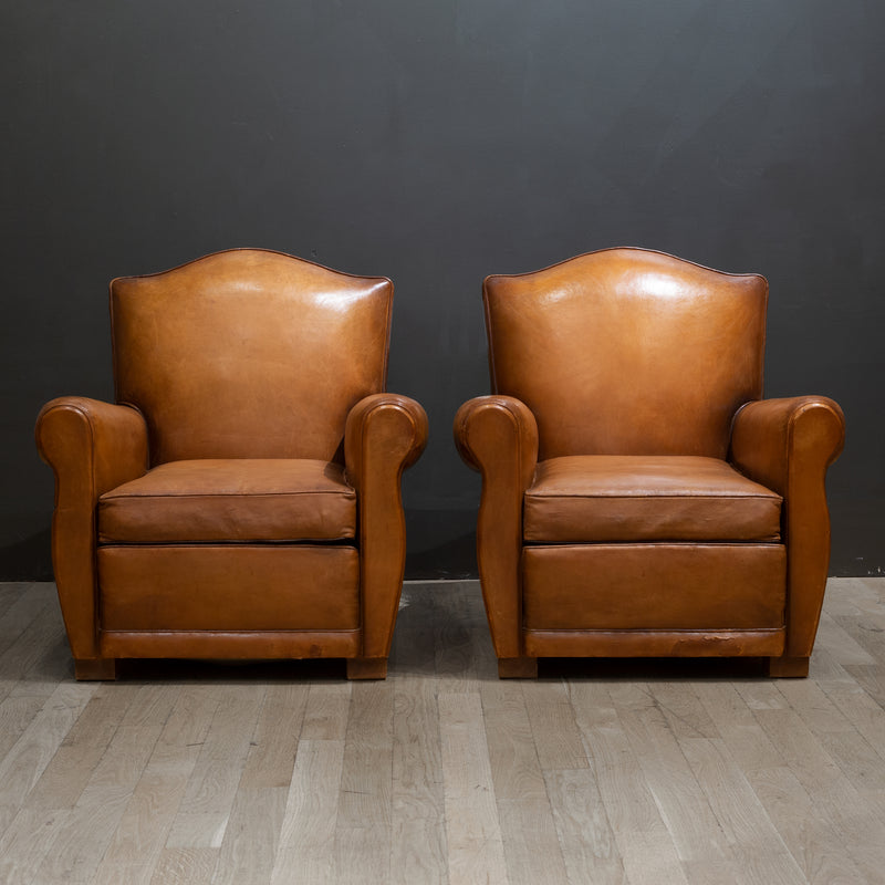 Pair of French Leather Club Mustache Chairs c.1930-1940