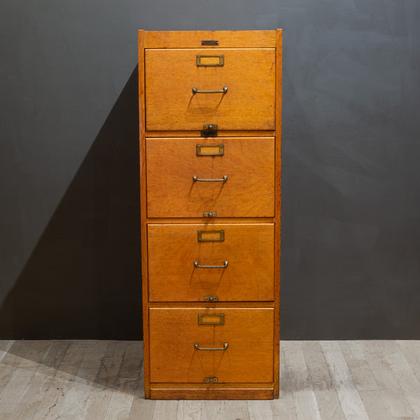 Antique Four Drawer Oak and Brass File Cabinet c.1930