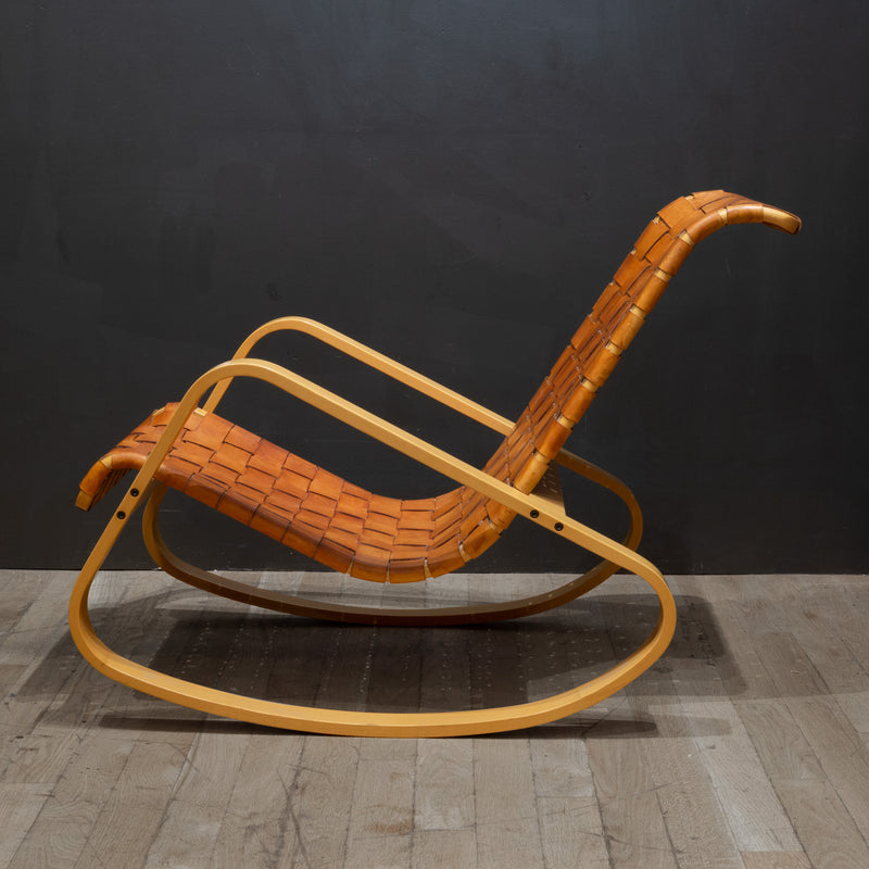 Vintage "Dondolo" Bentwood and Woven Leather Rocking Chair for Crassevig c.1970
