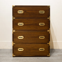 Oak and Brass Campaign Chest Nightstand Dresser C.1960