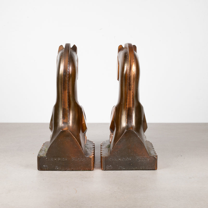 Oversize Art Deco Bronze Plated Trojan Horse Bookends by Champion Products c.1930