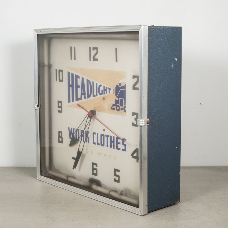 Headlight Work Clothes Union Made Neon Wall Clock c. 1949