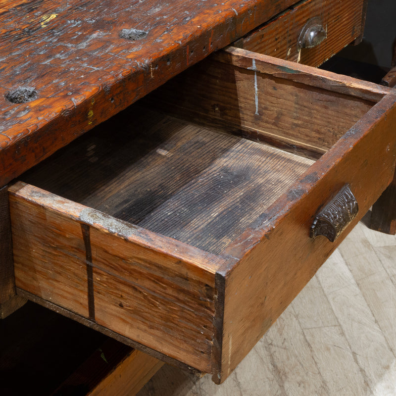 19th c. Monumental American Carpenter's Workbench with Two Drawers c.1850-1890