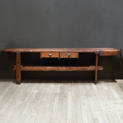 19th c. Monumental American Carpenter's Workbench with Two Drawers c.1850-1890