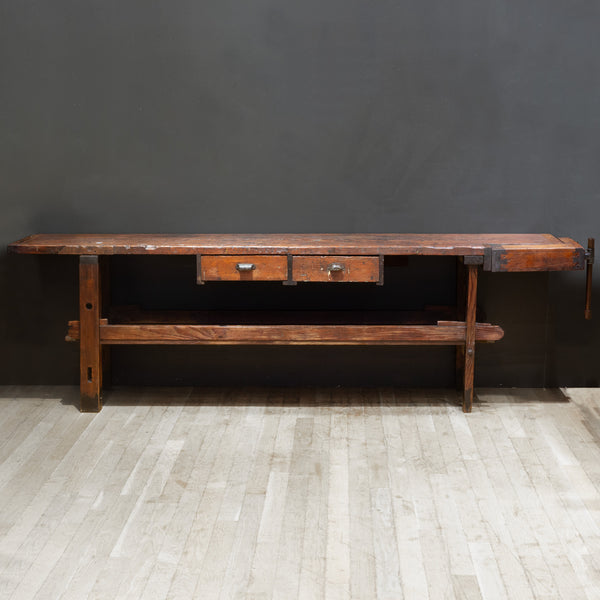 19th c. Monumental American Carpenter's Workbench with Two Drawers c.1850-1890