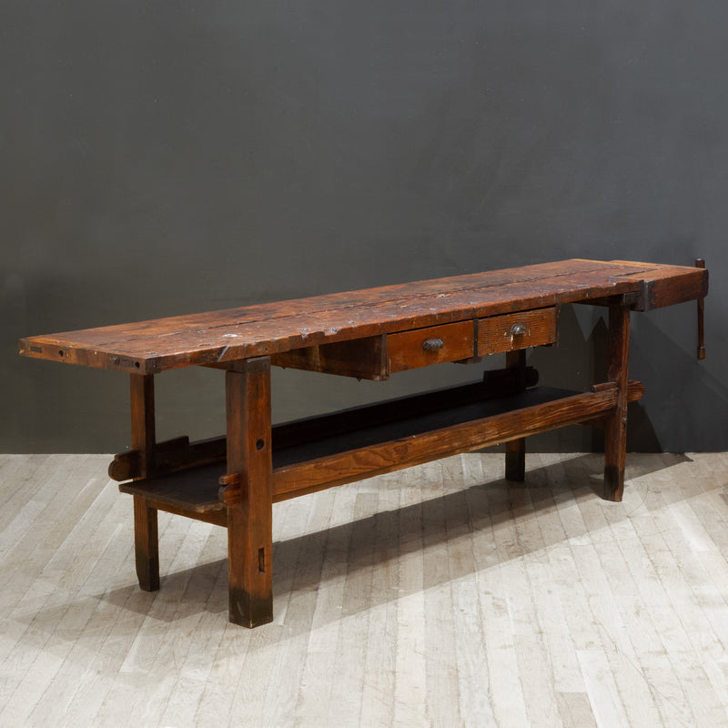 19th c. Monumental American Carpenter's Workbench with Two Drawers c.1850-1890