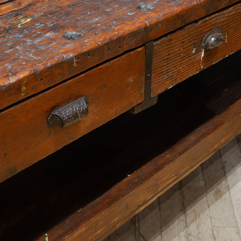 19th c. Monumental American Carpenter's Workbench with Two Drawers c.1850-1890