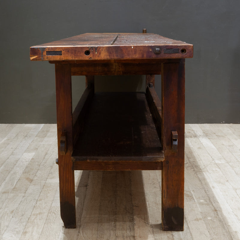 19th c. Monumental American Carpenter's Workbench with Two Drawers c.1850-1890