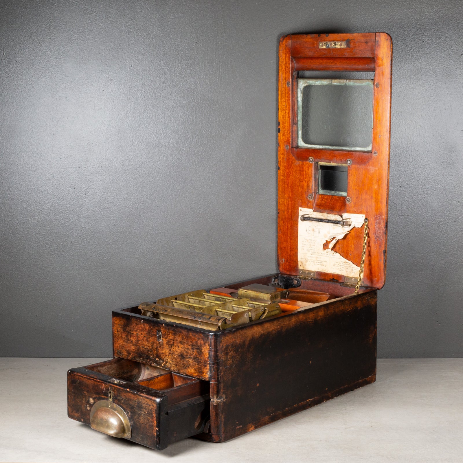 Late 19th c. Mahogany O'Brien's Self-Closing Cash Till c.1895