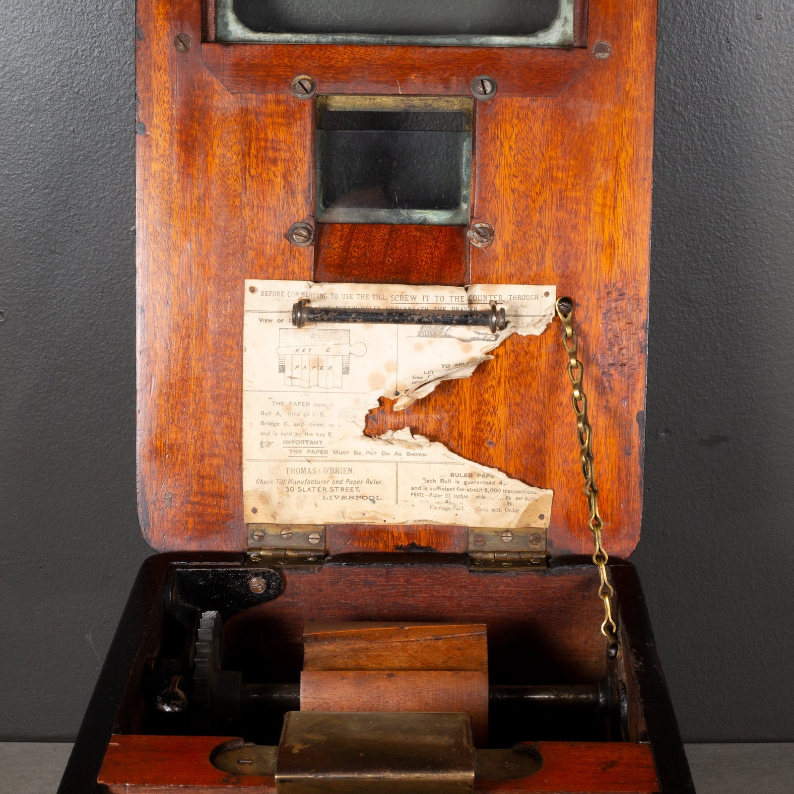Late 19th c. Mahogany O'Brien's Self-Closing Cash Till c.1895