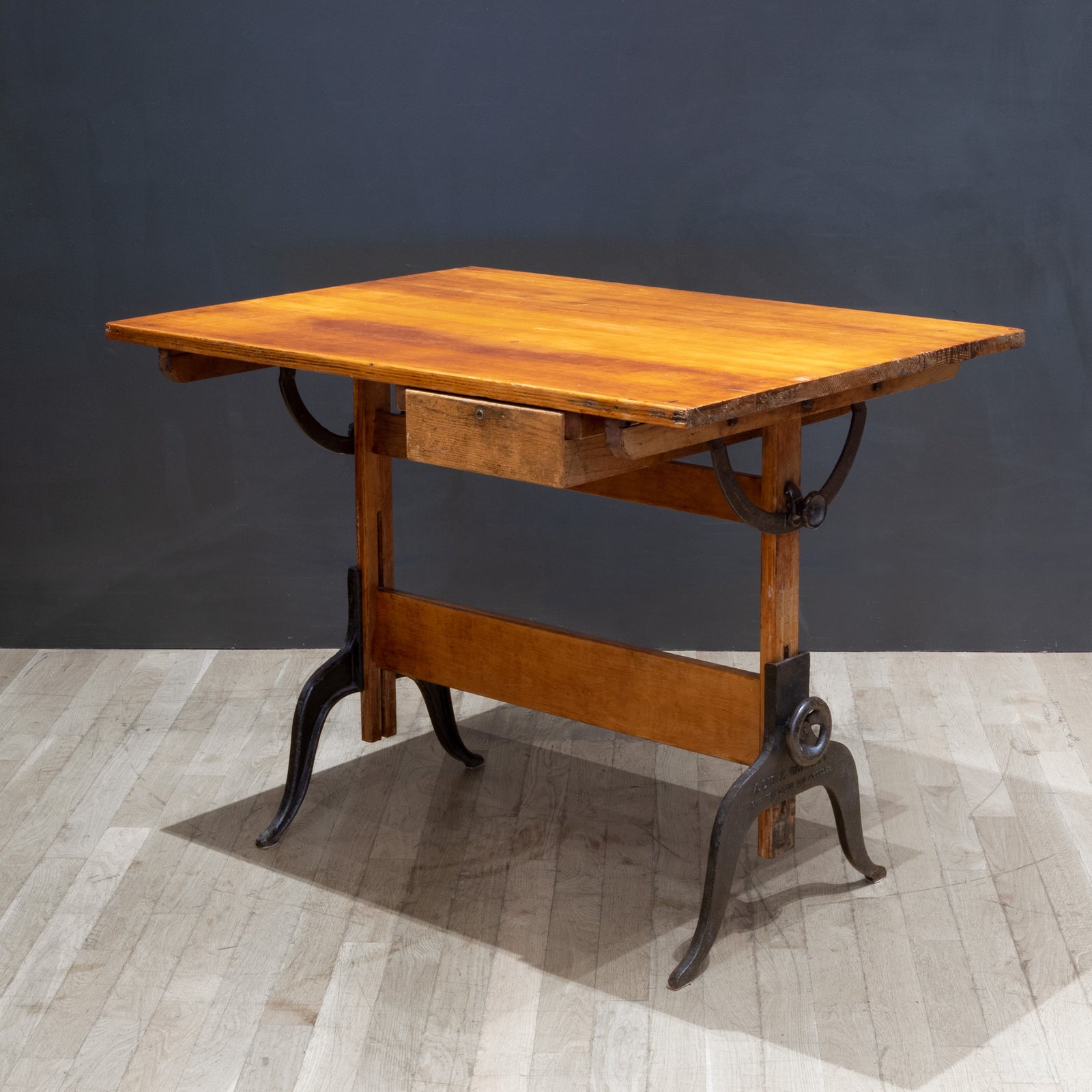 Antique Refinished A. Lietz Co. Wood and Cast Iron Drafting Table