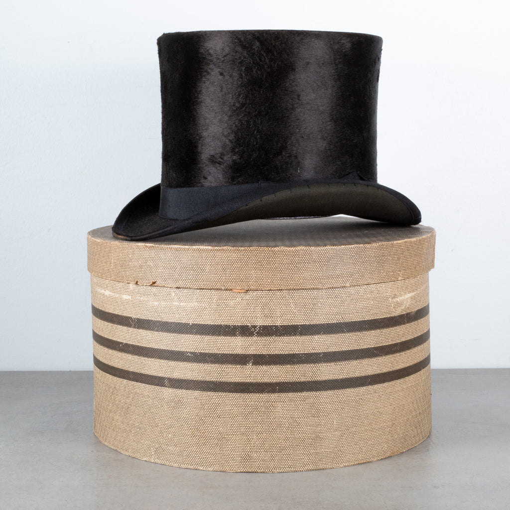 19th Century Beaver Skin Top Hat & Original Leather Hat Box, c