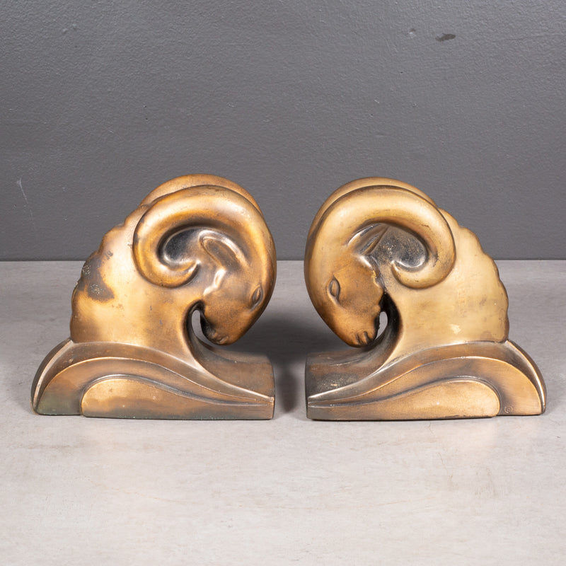 Art Deco Copper Plate Ram Head Bookends by Cornell Foundry c.1930