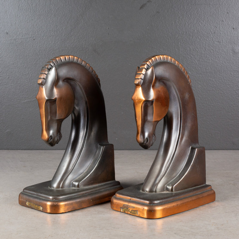 Bronze and Copper Plated Art Deco Trojan Horse Bookends by Trophy Craft. c.1930