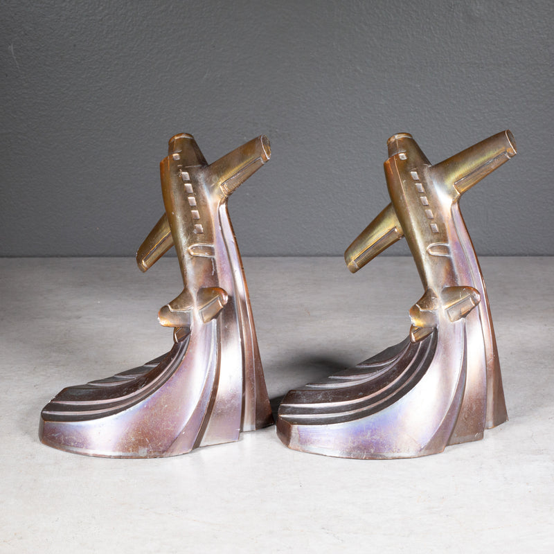 Art Deco Bronze Plated Soaring Airplane Bookends, circa 1930