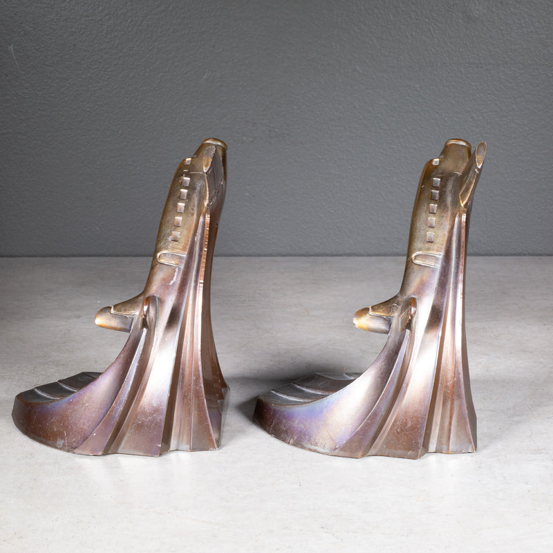 Art Deco Bronze Plated Soaring Airplane Bookends, circa 1930