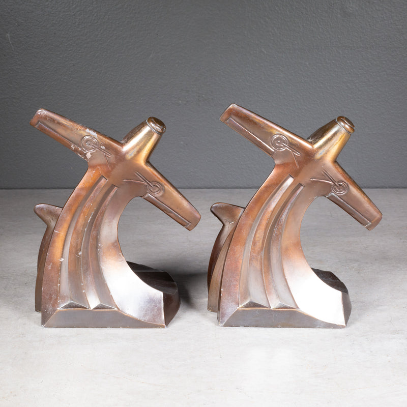 Art Deco Bronze Plated Soaring Airplane Bookends, circa 1930