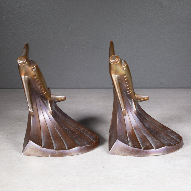 Art Deco Bronze Plated Soaring Airplane Bookends, circa 1930