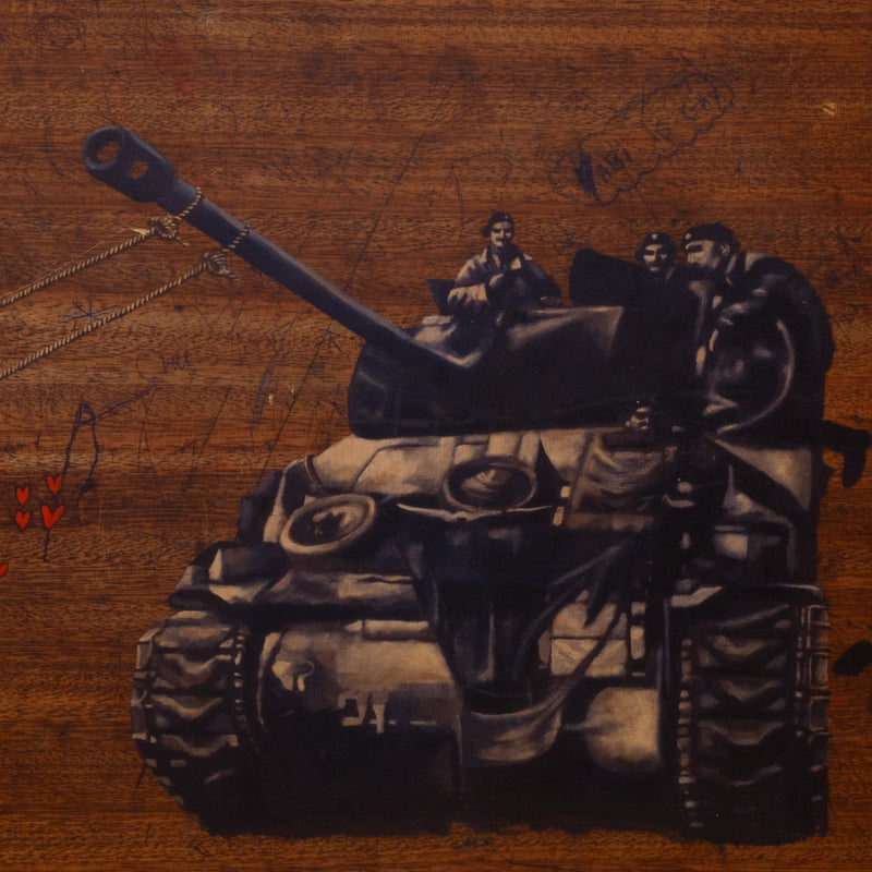 Banksy Style, Boy Swinging from a Tank, Print on Wood