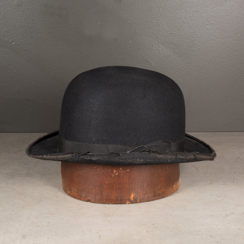 Antique Wool Bowler Hat with Leather Trim c.1920-1940