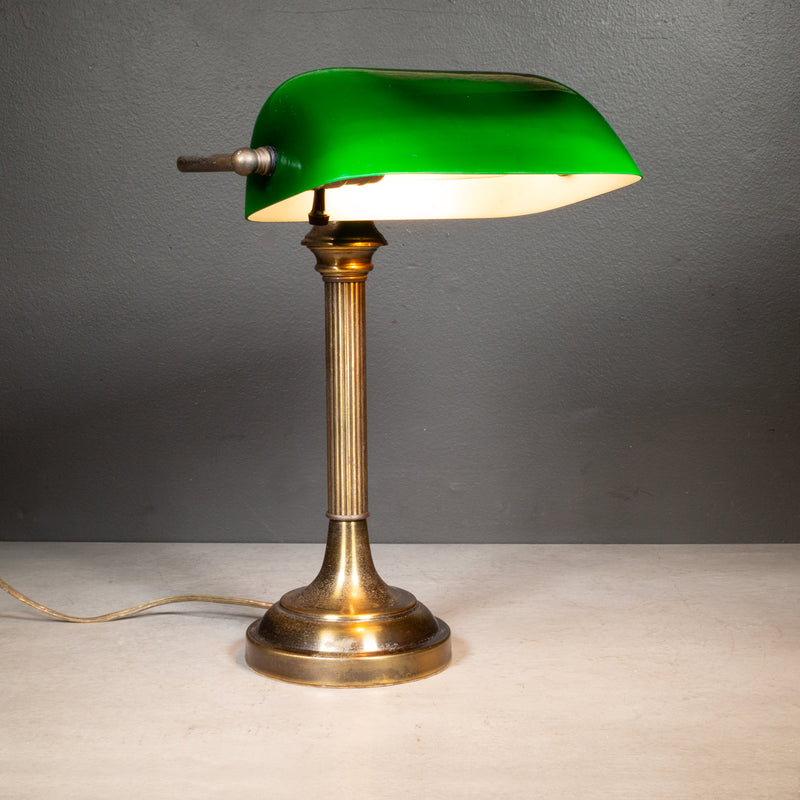 Vintage Brass Banker's Lamp with Green Glass Shade c.1950-1970