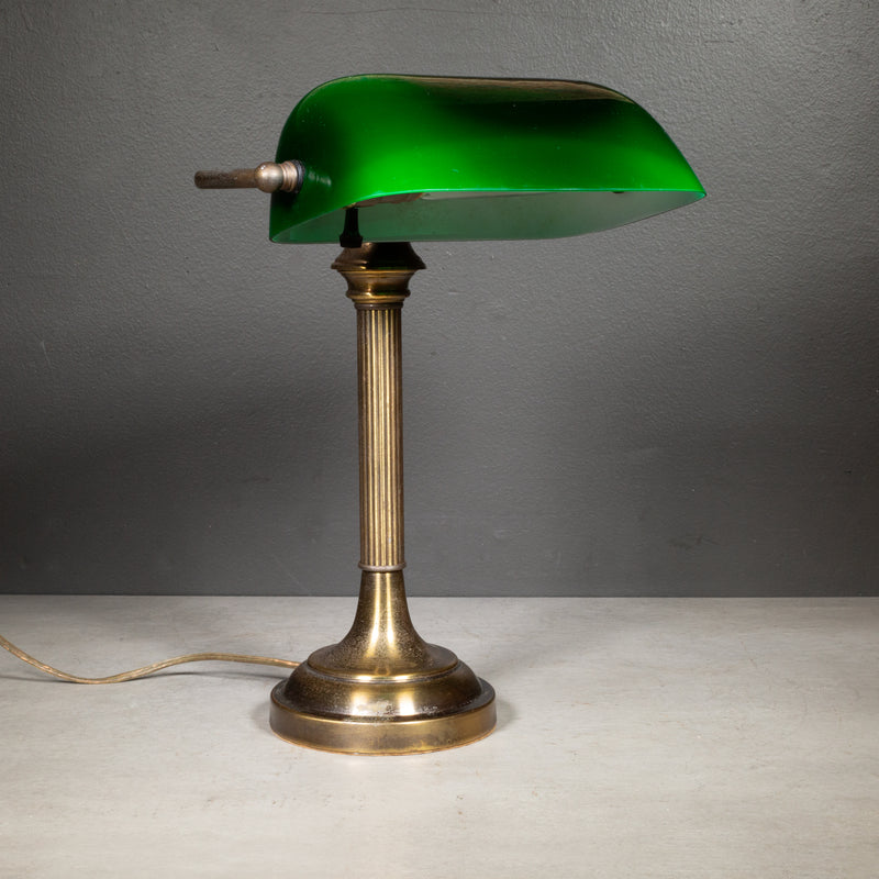 Vintage Brass Banker's Lamp with Green Glass Shade c.1950-1970