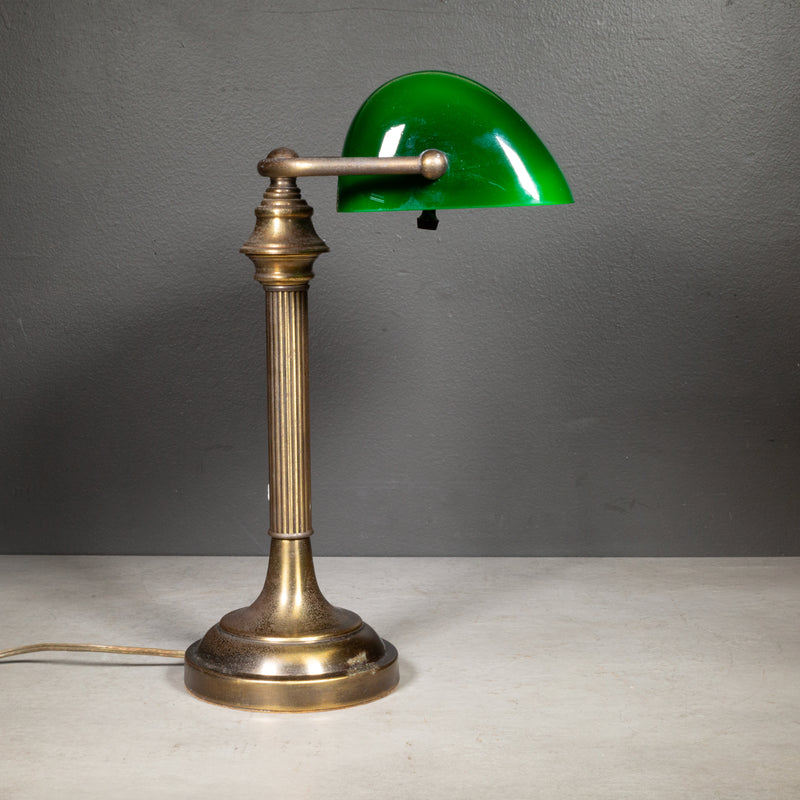 Vintage Brass Banker's Lamp with Green Glass Shade c.1950-1970