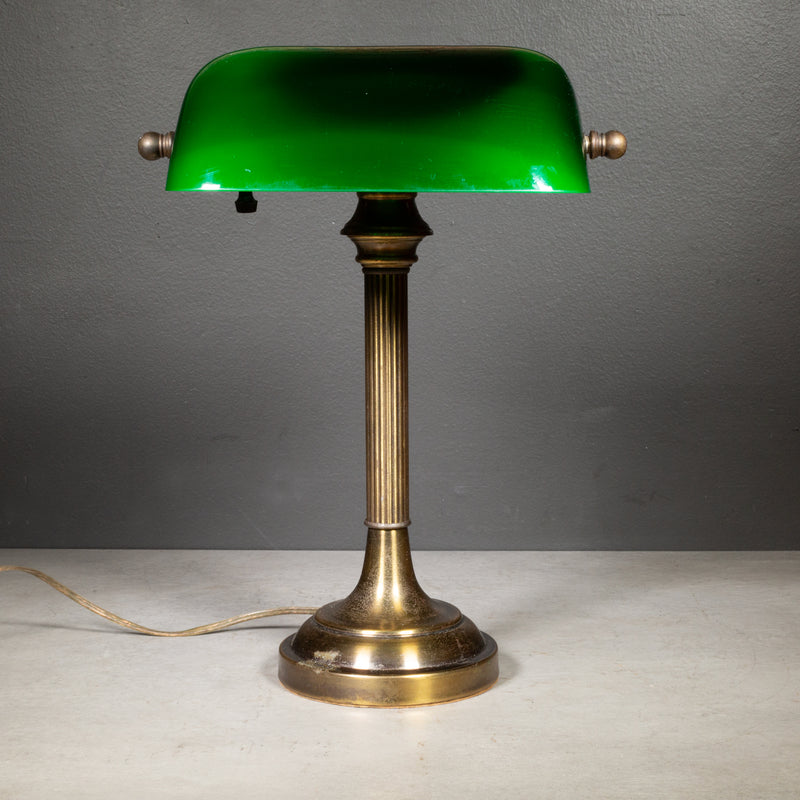 Vintage Brass Banker's Lamp with Green Glass Shade c.1950-1970
