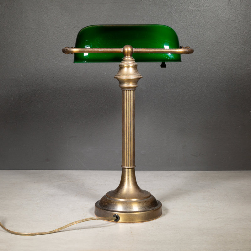 Vintage Brass Banker's Lamp with Green Glass Shade c.1950-1970
