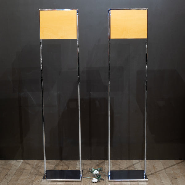 Chrome and Wood Veneer Floor Lamps, Italy