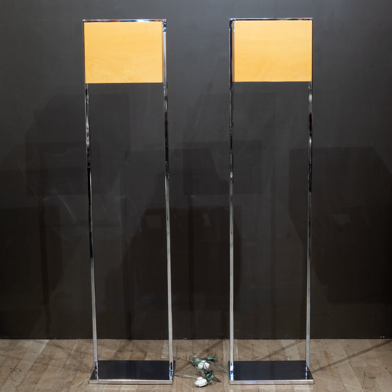 Chrome and Wood Veneer Floor Lamps, Italy