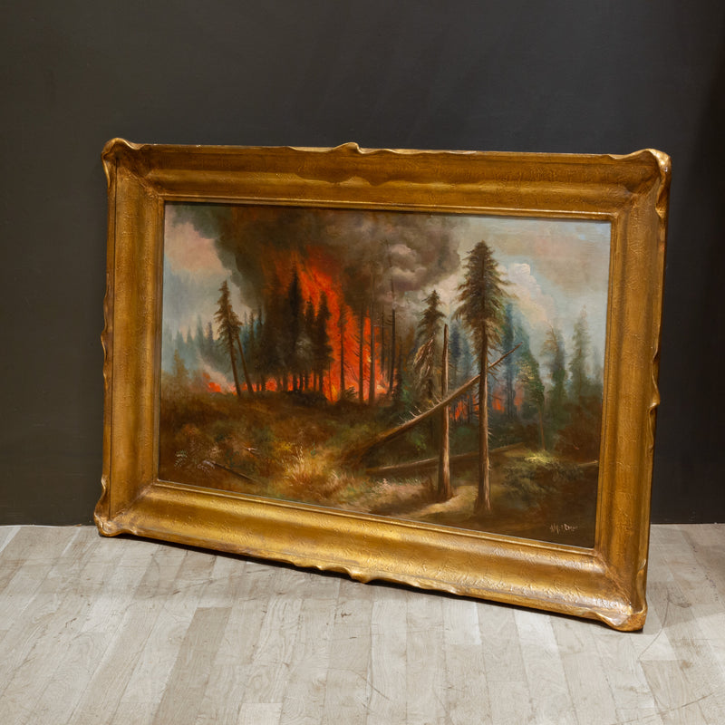 California Forest Fire, William M. Lemos, Oil on Canvas Painting in Pie Crust Frame c.1910-1920