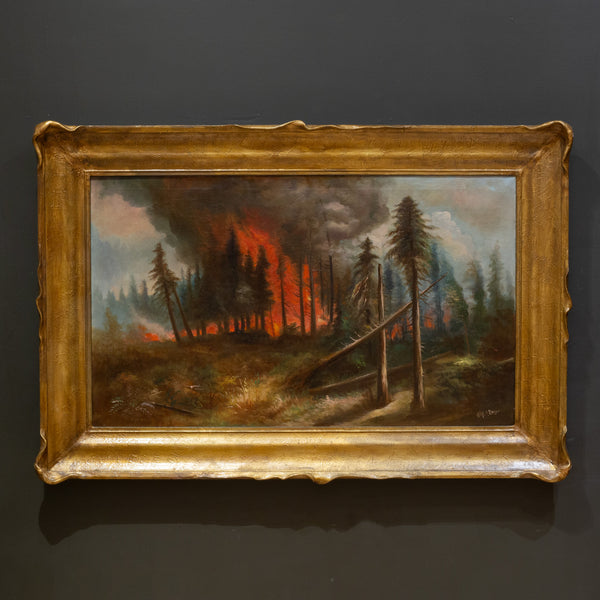 California Forest Fire, William M. Lemos, Oil on Canvas Painting in Pie Crust Frame c.1910-1920