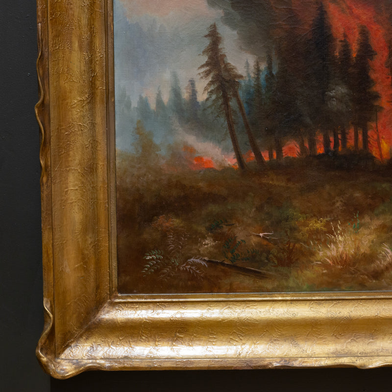 California Forest Fire, William M. Lemos, Oil on Canvas Painting in Pie Crust Frame c.1910-1920