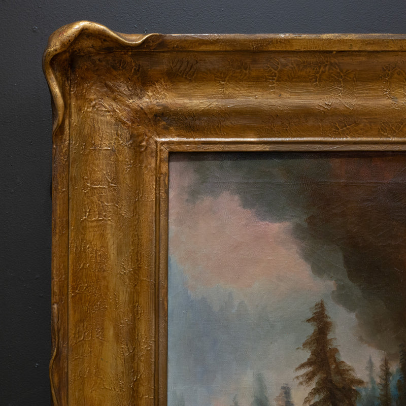 California Forest Fire, William M. Lemos, Oil on Canvas Painting in Pie Crust Frame c.1910-1920