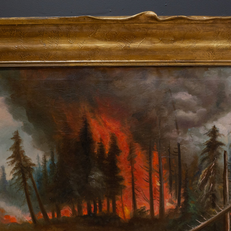 California Forest Fire, William M. Lemos, Oil on Canvas Painting in Pie Crust Frame c.1910-1920