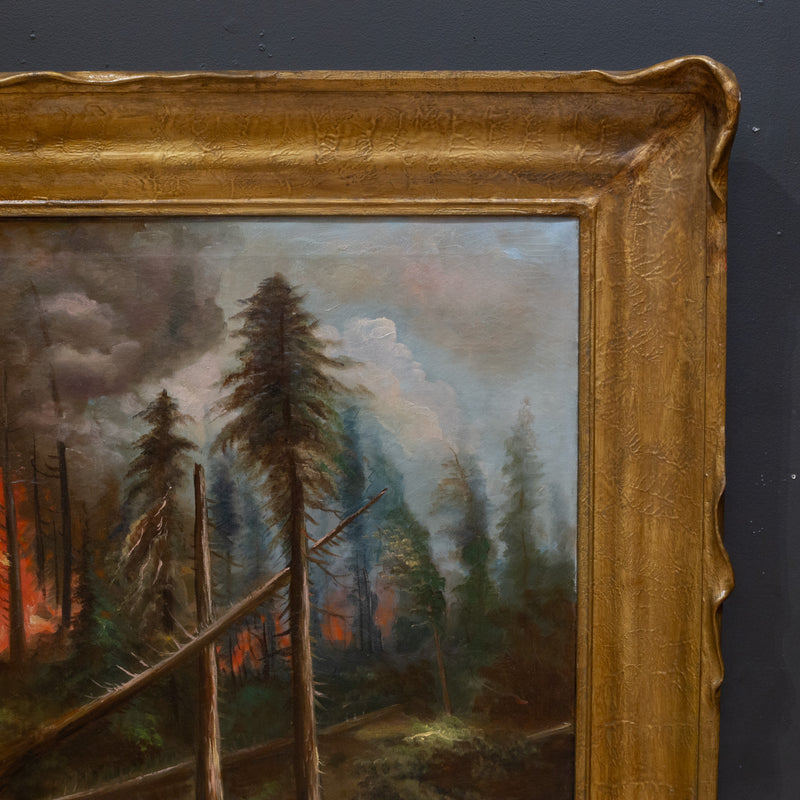 California Forest Fire, William M. Lemos, Oil on Canvas Painting in Pie Crust Frame c.1910-1920