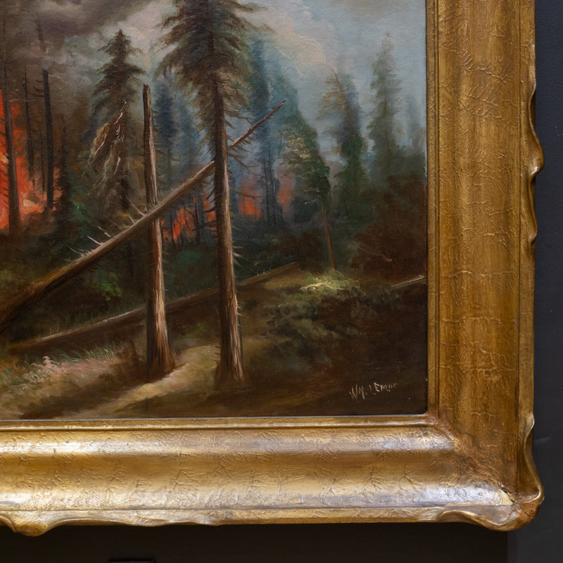 California Forest Fire, William M. Lemos, Oil on Canvas Painting in Pie Crust Frame c.1910-1920