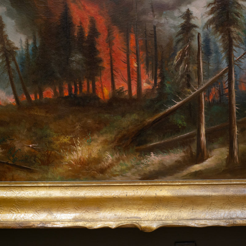 California Forest Fire, William M. Lemos, Oil on Canvas Painting in Pie Crust Frame c.1910-1920