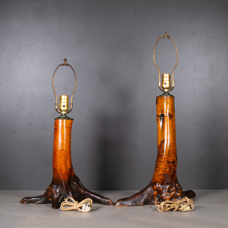 Early 20th c. Tree Trunk Lamps with Bronze Collars c.1920-1940