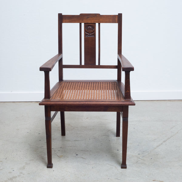 Early 20th C. Glasgow Style Arts and Crafts Caned Oak Arm Chair, c.1900