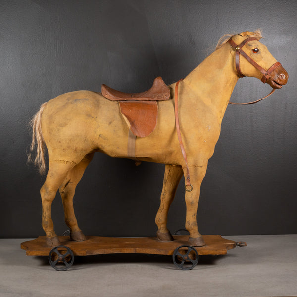 Early 20th c. Wood and Leather Horse Pull Toy c.1930