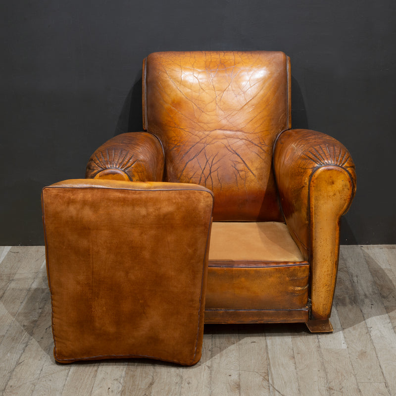 Pair of Distressed French Leather Club Chairs c.1930
