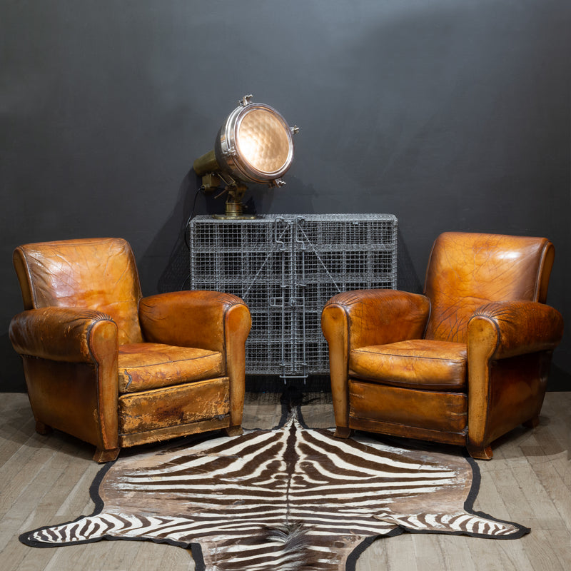 Pair of Distressed French Leather Club Chairs c.1930
