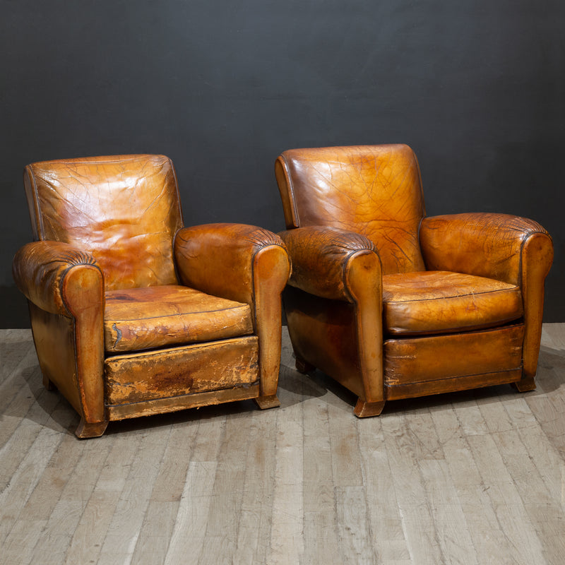 Pair of Distressed French Leather Club Chairs c.1930