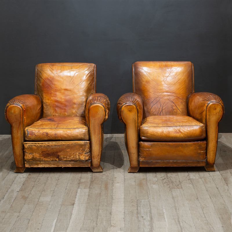Pair of Distressed French Leather Club Chairs c.1930