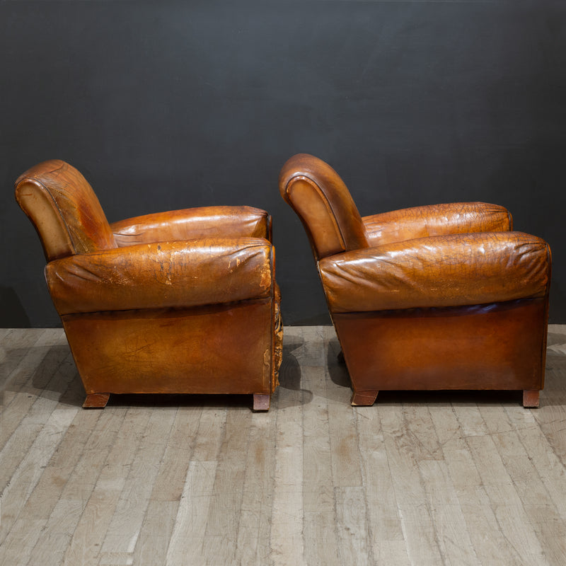 Pair of Distressed French Leather Club Chairs c.1930