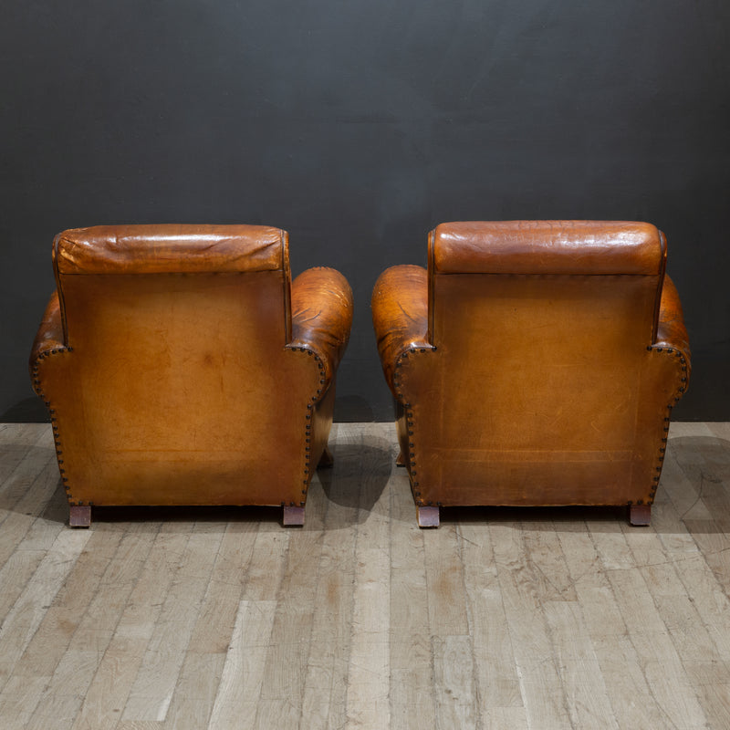 Pair of Distressed French Leather Club Chairs c.1930