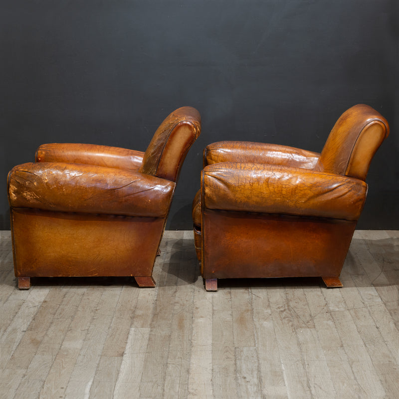 Pair of Distressed French Leather Club Chairs c.1930